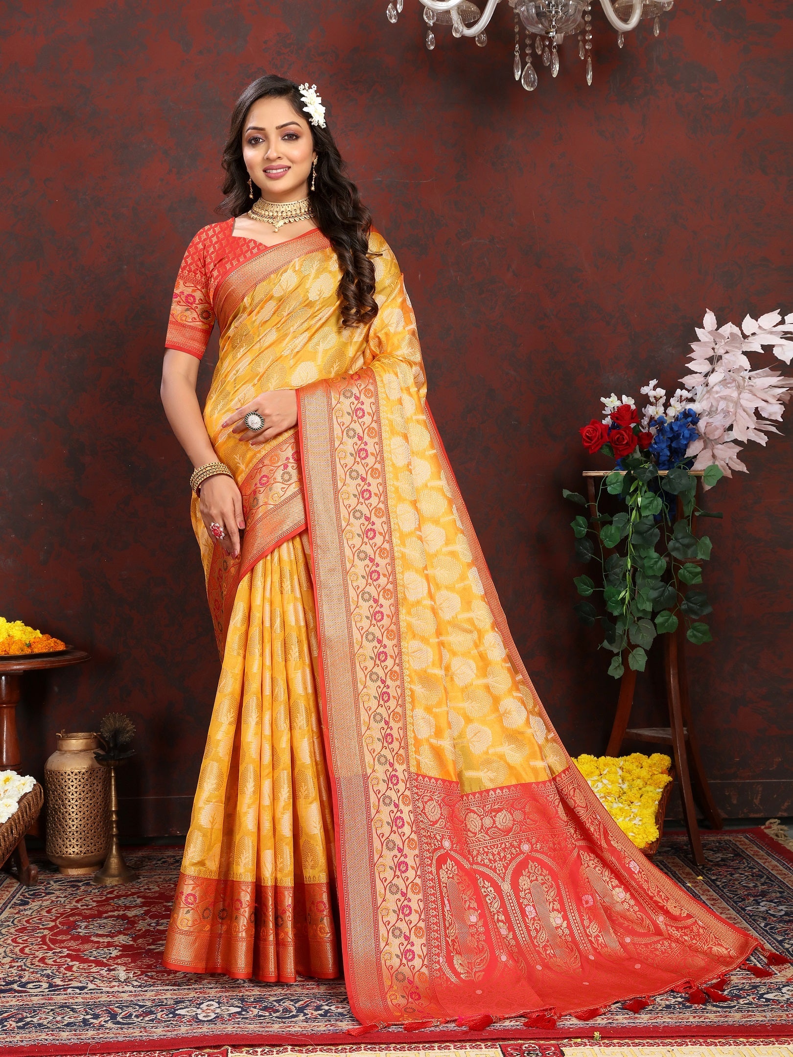 Vedant Vastram Mustard Color Kanjeevaram Organza Silk Saree - Mustard | Grocsy