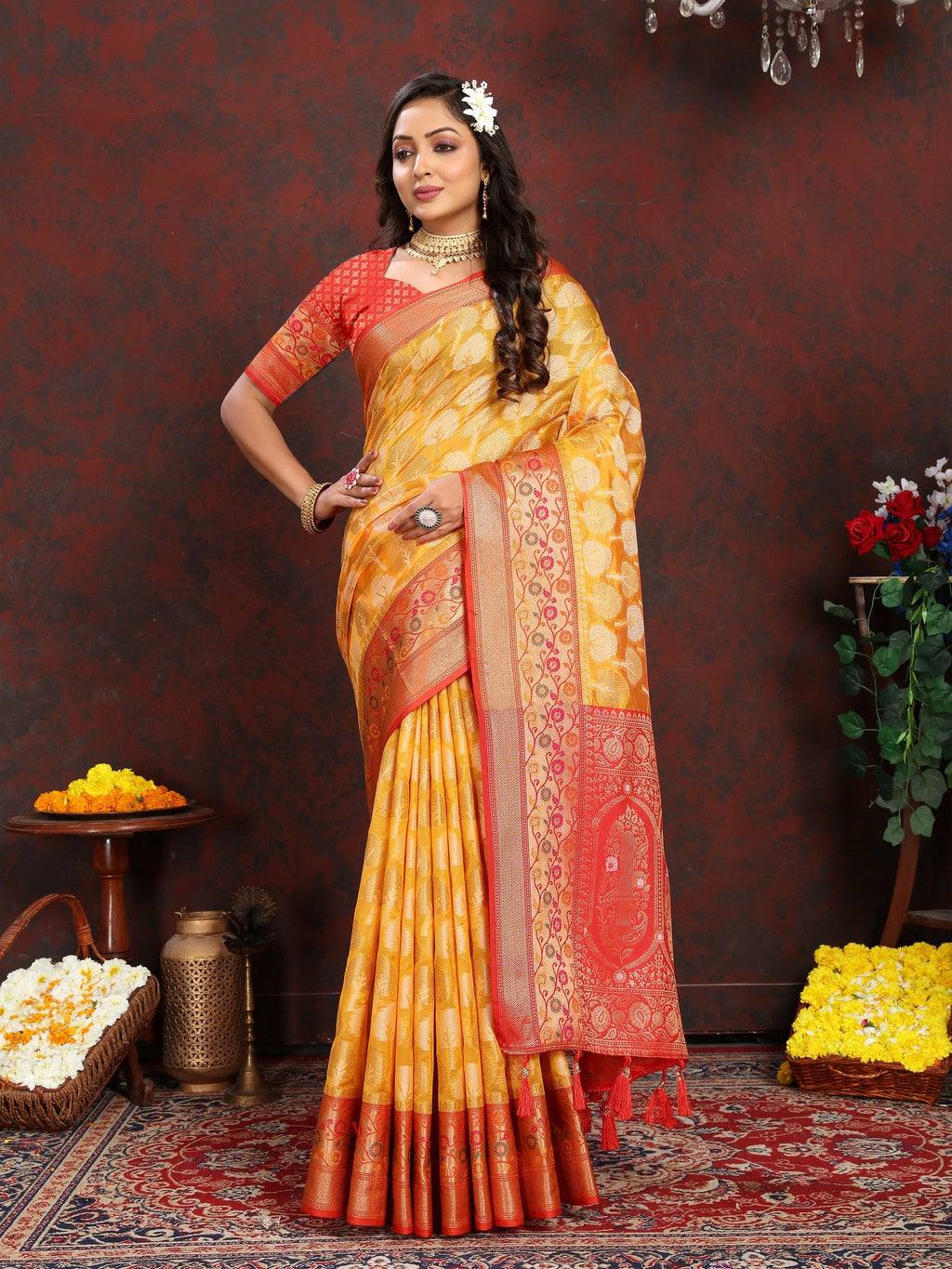 Vedant Vastram Mustard Color Kanjeevaram Organza Silk Saree - Mustard | Grocsy