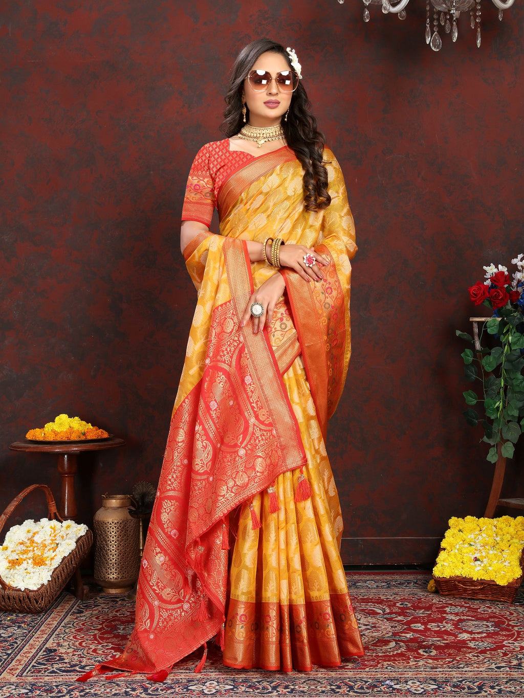 Vedant Vastram Mustard Color Kanjeevaram Organza Silk Saree - Mustard | Grocsy