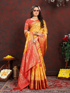 Vedant Vastram Mustard Color Kanjeevaram Organza Silk Saree - Mustard | Grocsy