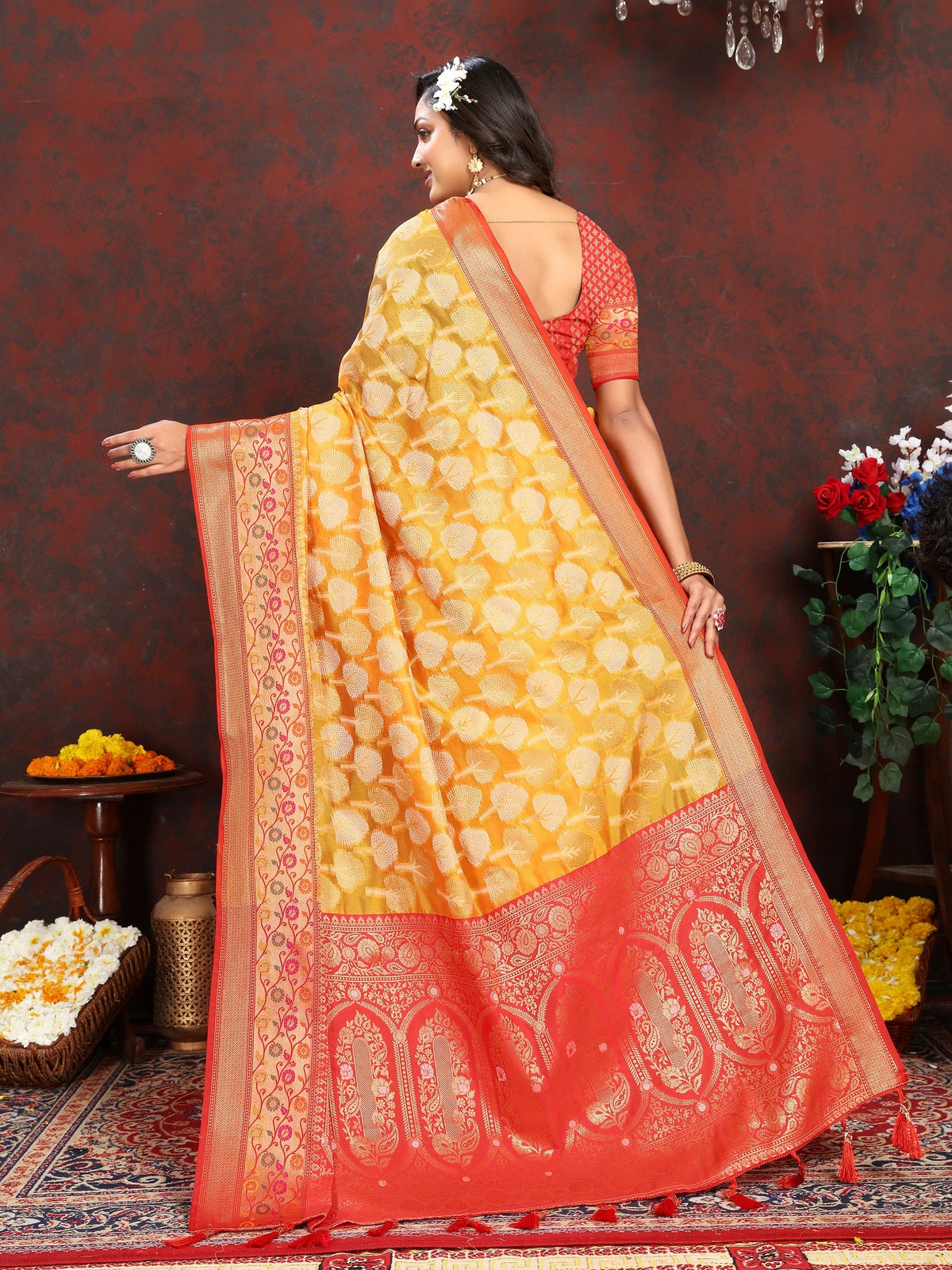 Vedant Vastram Mustard Color Kanjeevaram Organza Silk Saree - Mustard | Grocsy