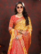 Vedant Vastram Mustard Color Kanjeevaram Organza Silk Saree - Mustard | Grocsy