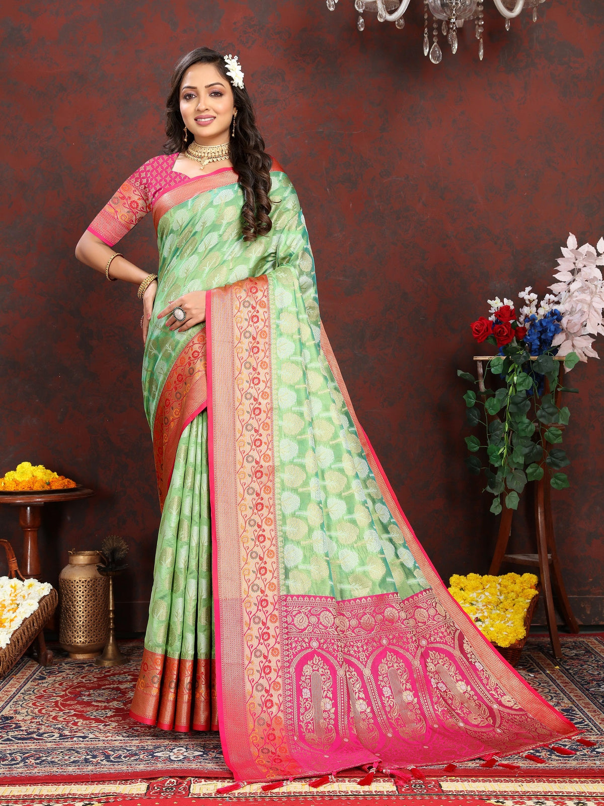 Vedant Vastram Parrot Color Kanjeevaram Organza Silk Saree - Parrot | Grocsy
