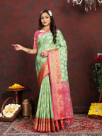 Vedant Vastram Parrot Color Kanjeevaram Organza Silk Saree - Parrot | Grocsy