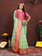 Vedant Vastram Parrot Color Kanjeevaram Organza Silk Saree - Parrot | Grocsy