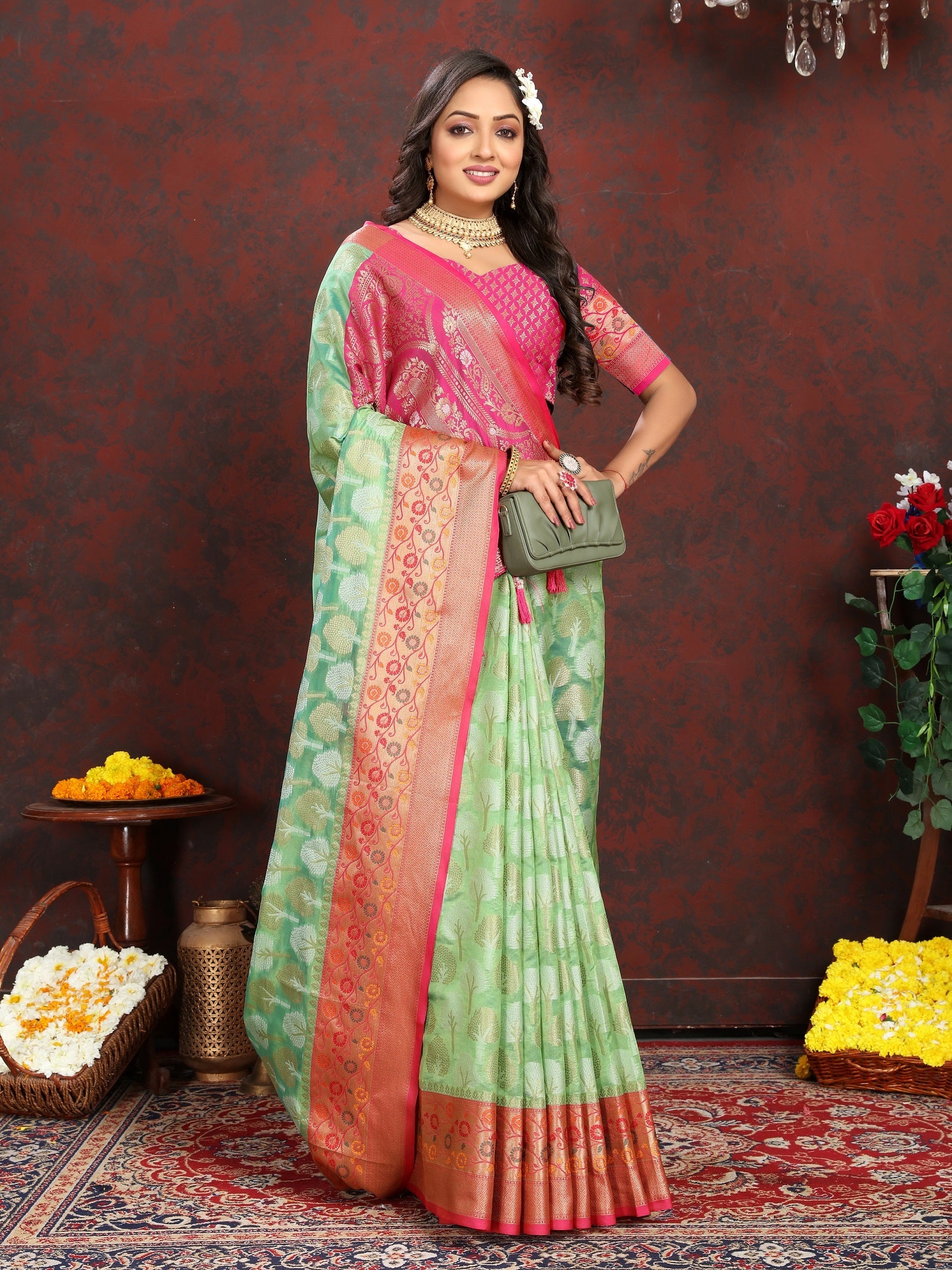 Vedant Vastram Parrot Color Kanjeevaram Organza Silk Saree - Parrot | Grocsy