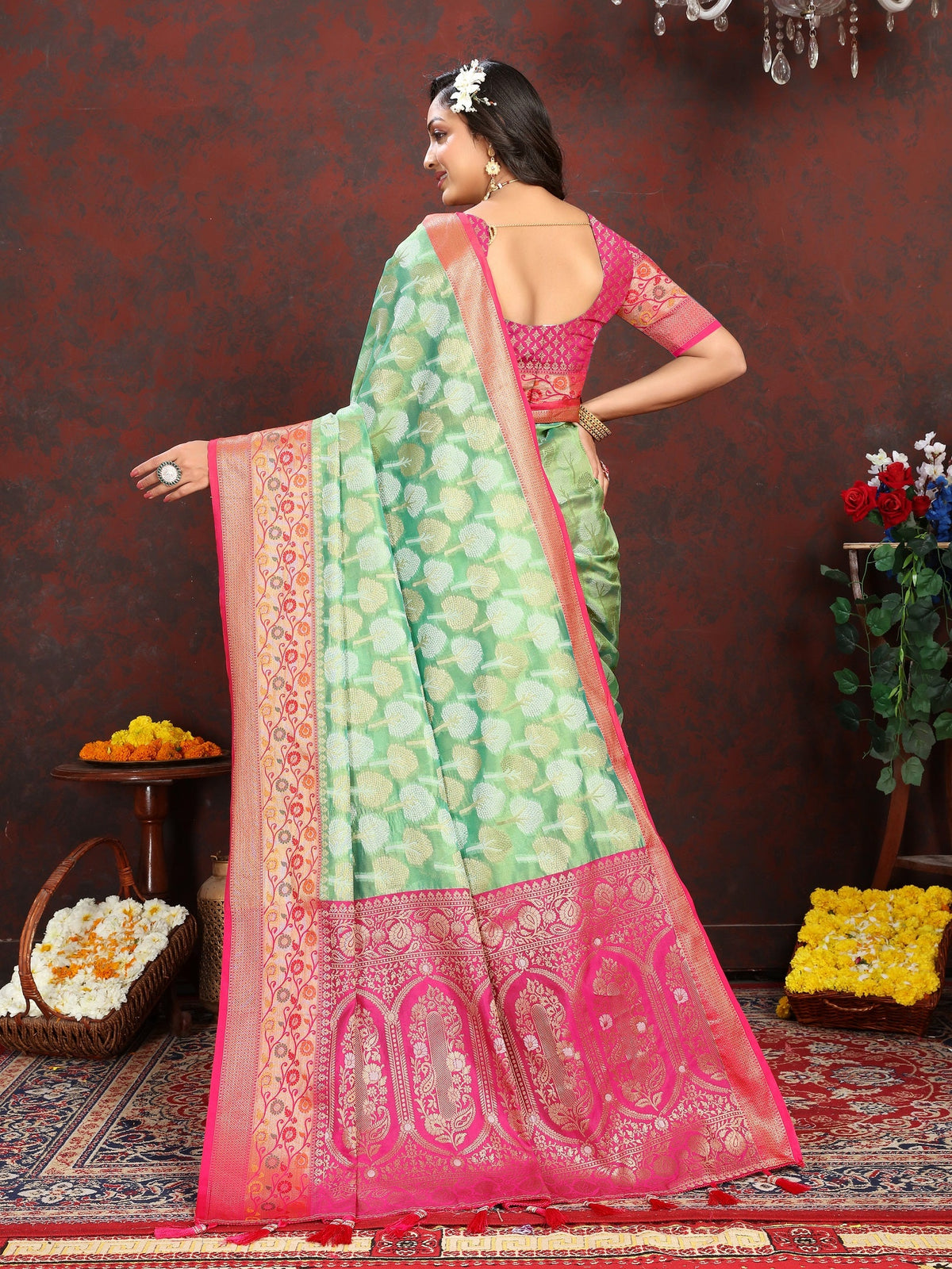 Vedant Vastram Parrot Color Kanjeevaram Organza Silk Saree - Parrot | Grocsy