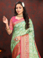 Vedant Vastram Parrot Color Kanjeevaram Organza Silk Saree - Parrot | Grocsy