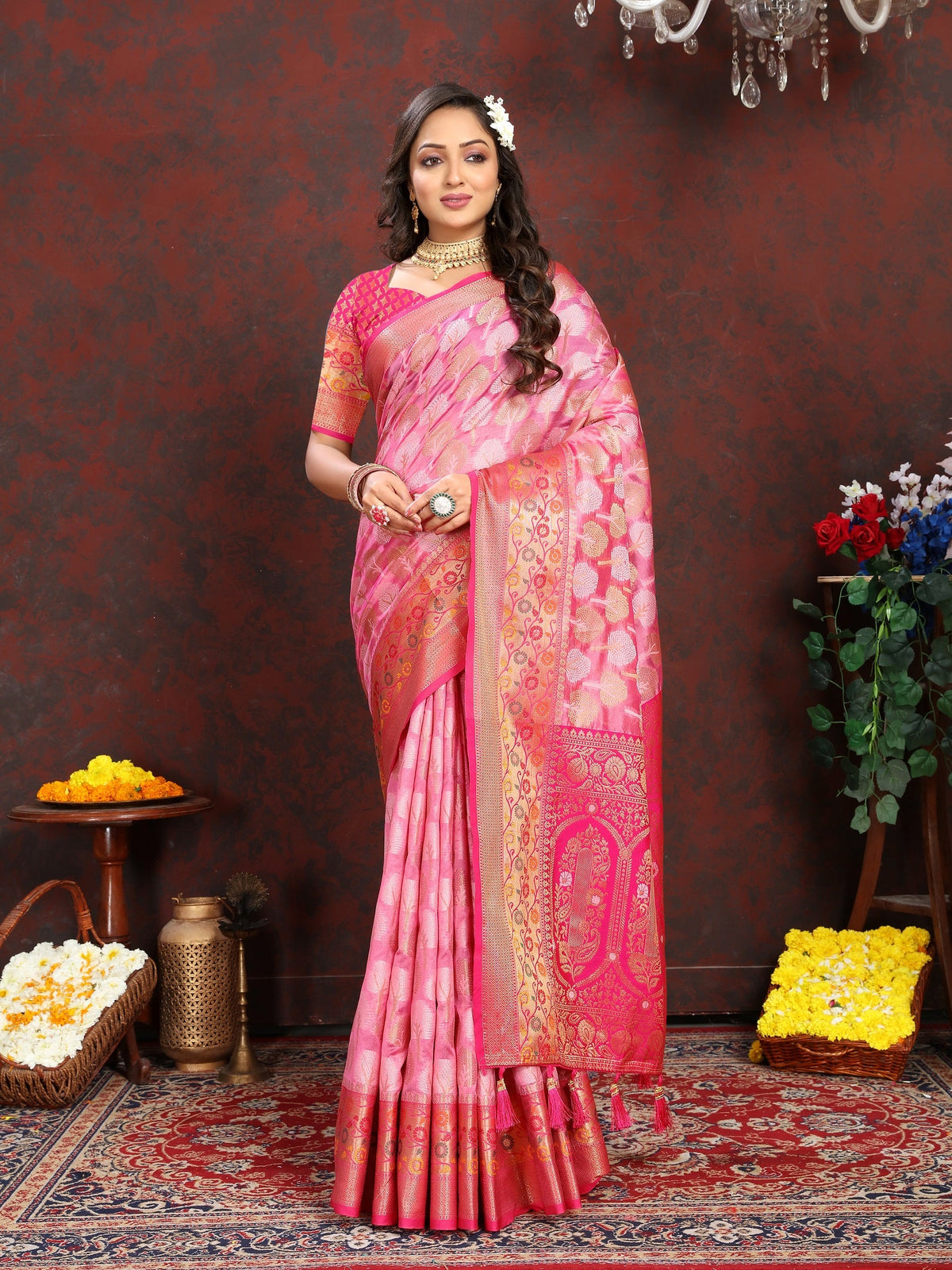 Vedant Vastram Pink Color Kanjeevaram Organza Silk Saree - Pink | Grocsy