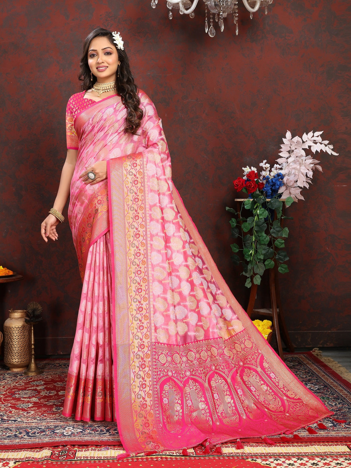 Vedant Vastram Pink Color Kanjeevaram Organza Silk Saree - Pink | Grocsy