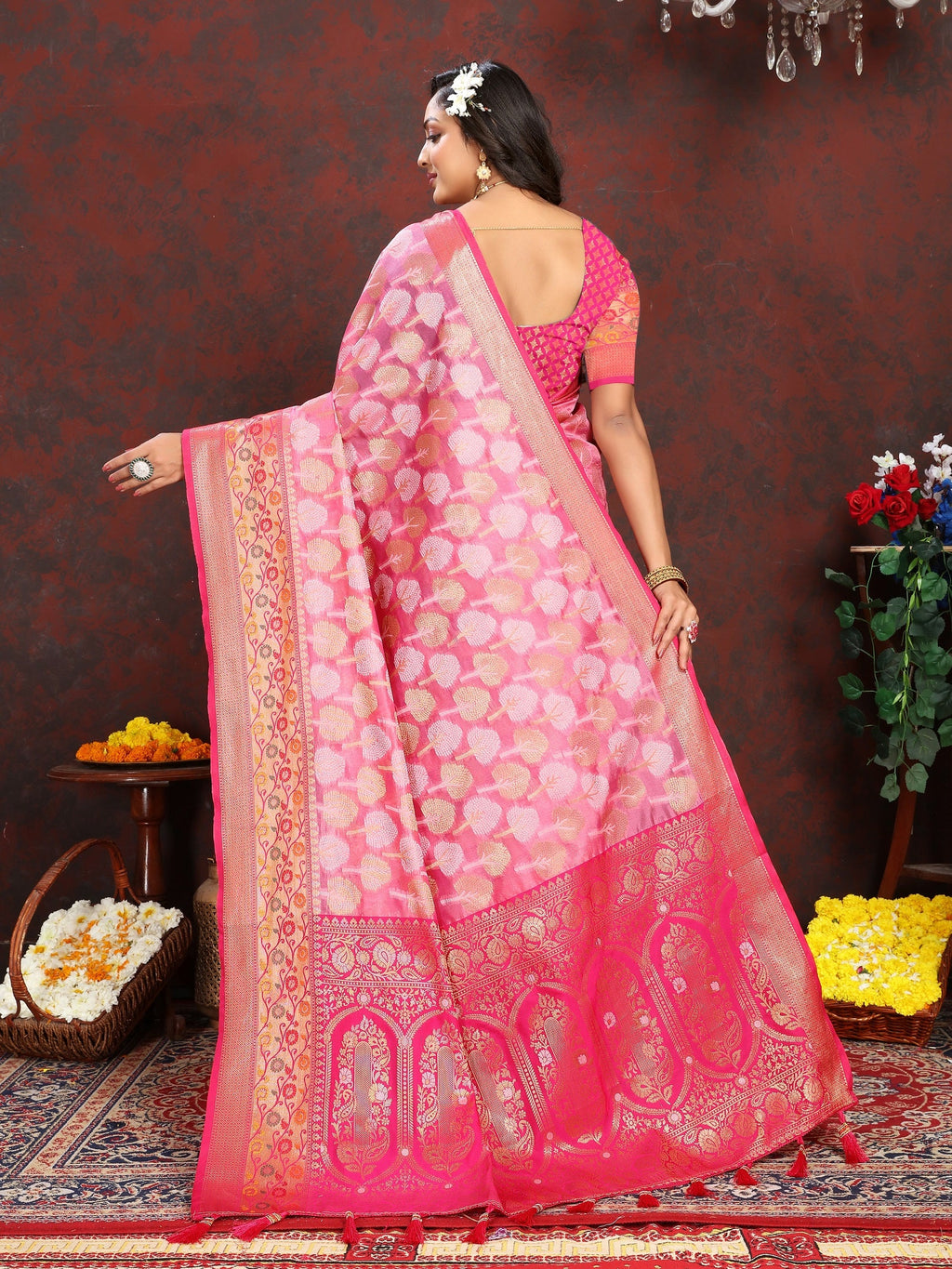 Vedant Vastram Pink Color Kanjeevaram Organza Silk Saree - Pink | Grocsy