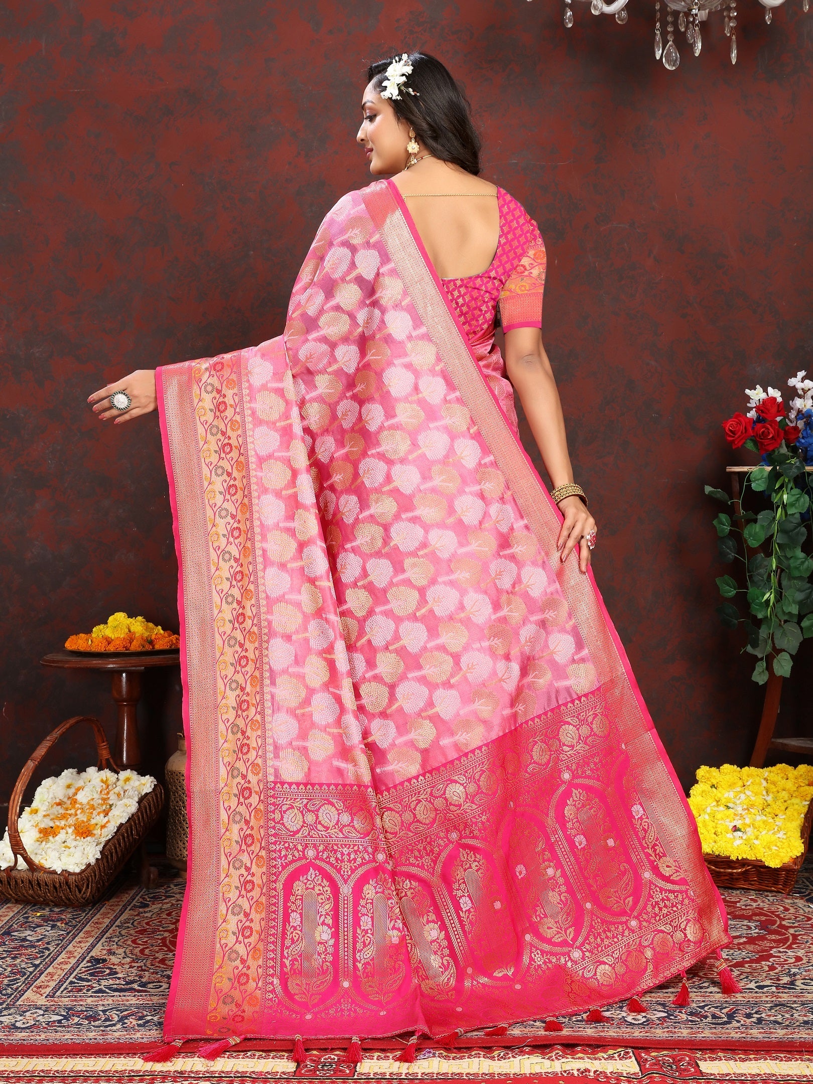 Vedant Vastram Pink Color Kanjeevaram Organza Silk Saree - Pink | Grocsy