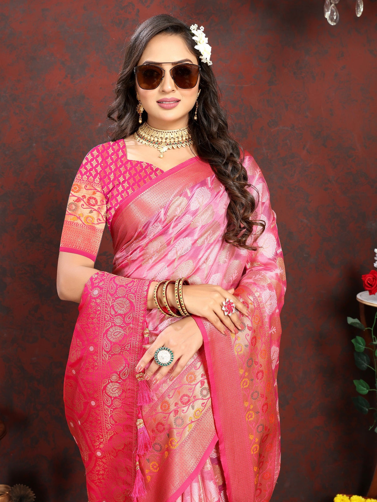 Vedant Vastram Pink Color Kanjeevaram Organza Silk Saree - Pink | Grocsy
