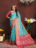 Vedant Vastram Turquoise Color Kanjeevaram Organza Silk Saree - Turquoise | Grocsy