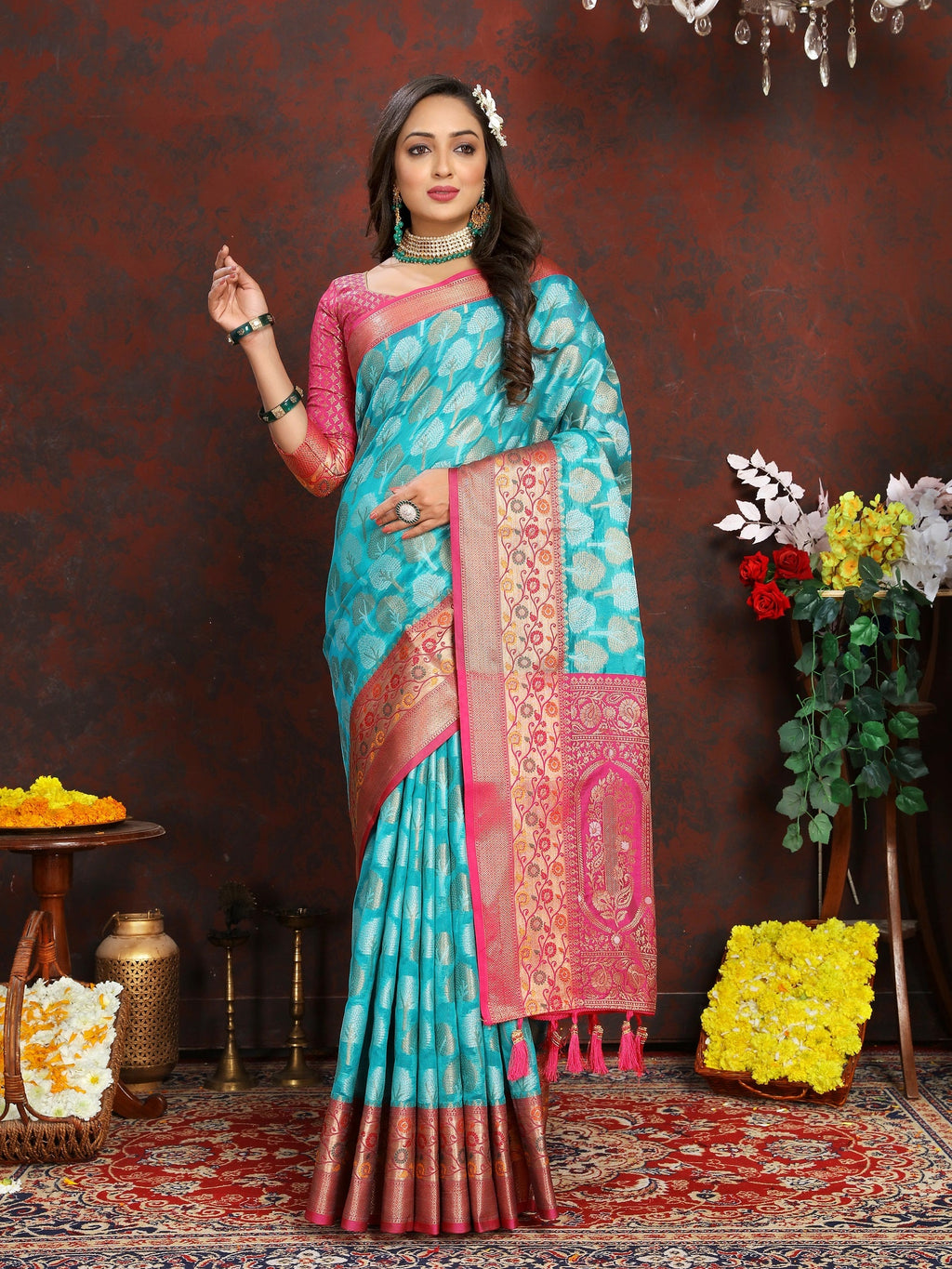 Vedant Vastram Turquoise Color Kanjeevaram Organza Silk Saree - Turquoise | Grocsy
