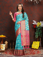 Vedant Vastram Turquoise Color Kanjeevaram Organza Silk Saree - Turquoise | Grocsy
