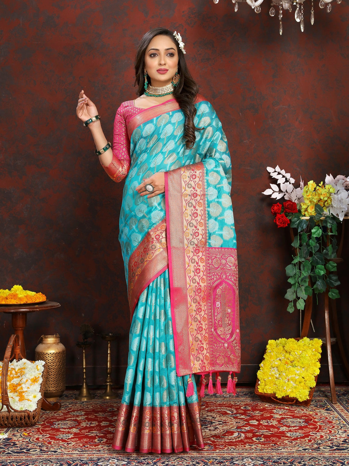 Vedant Vastram Turquoise Color Kanjeevaram Organza Silk Saree - Turquoise | Grocsy