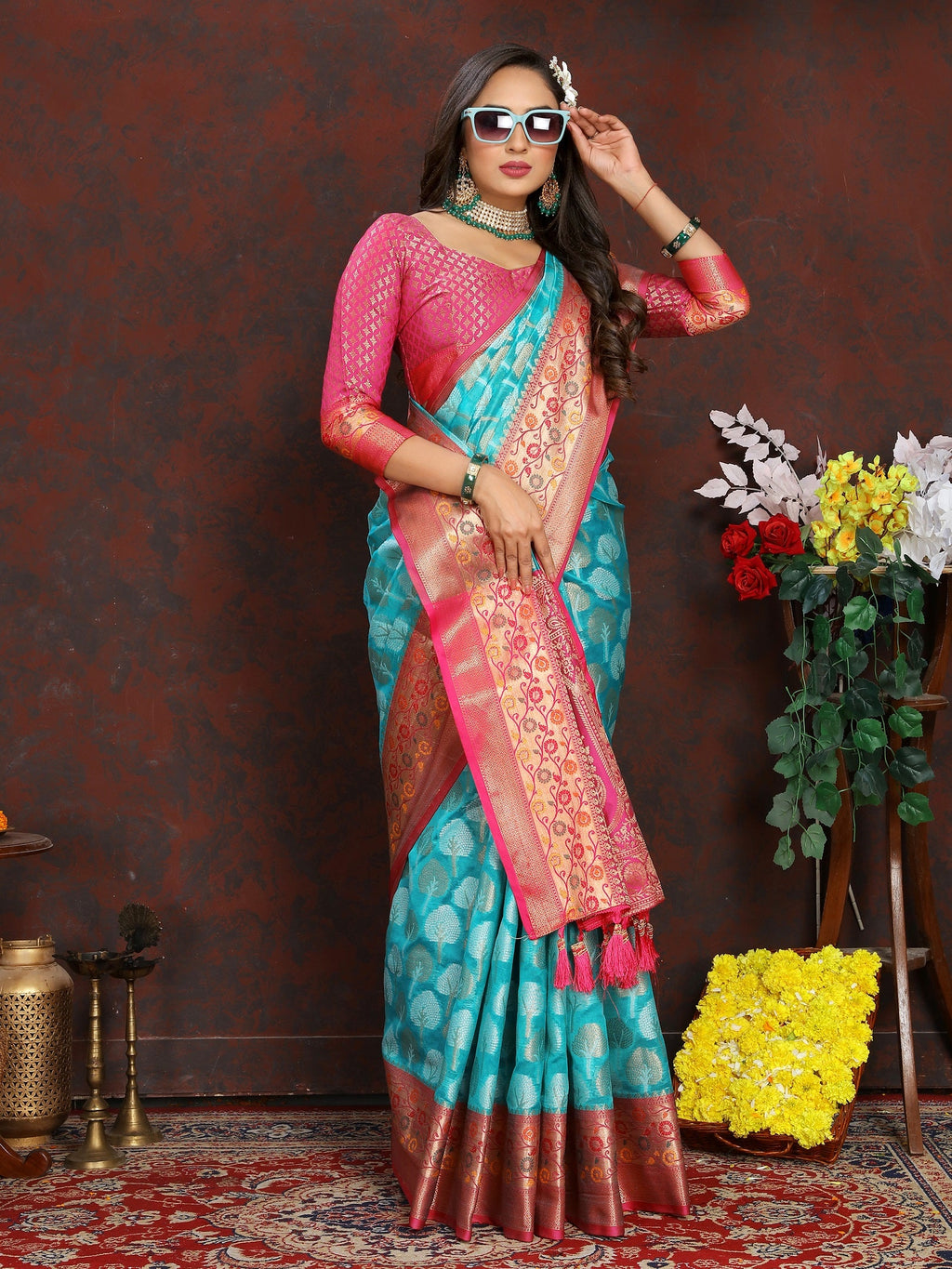 Vedant Vastram Turquoise Color Kanjeevaram Organza Silk Saree - Turquoise | Grocsy