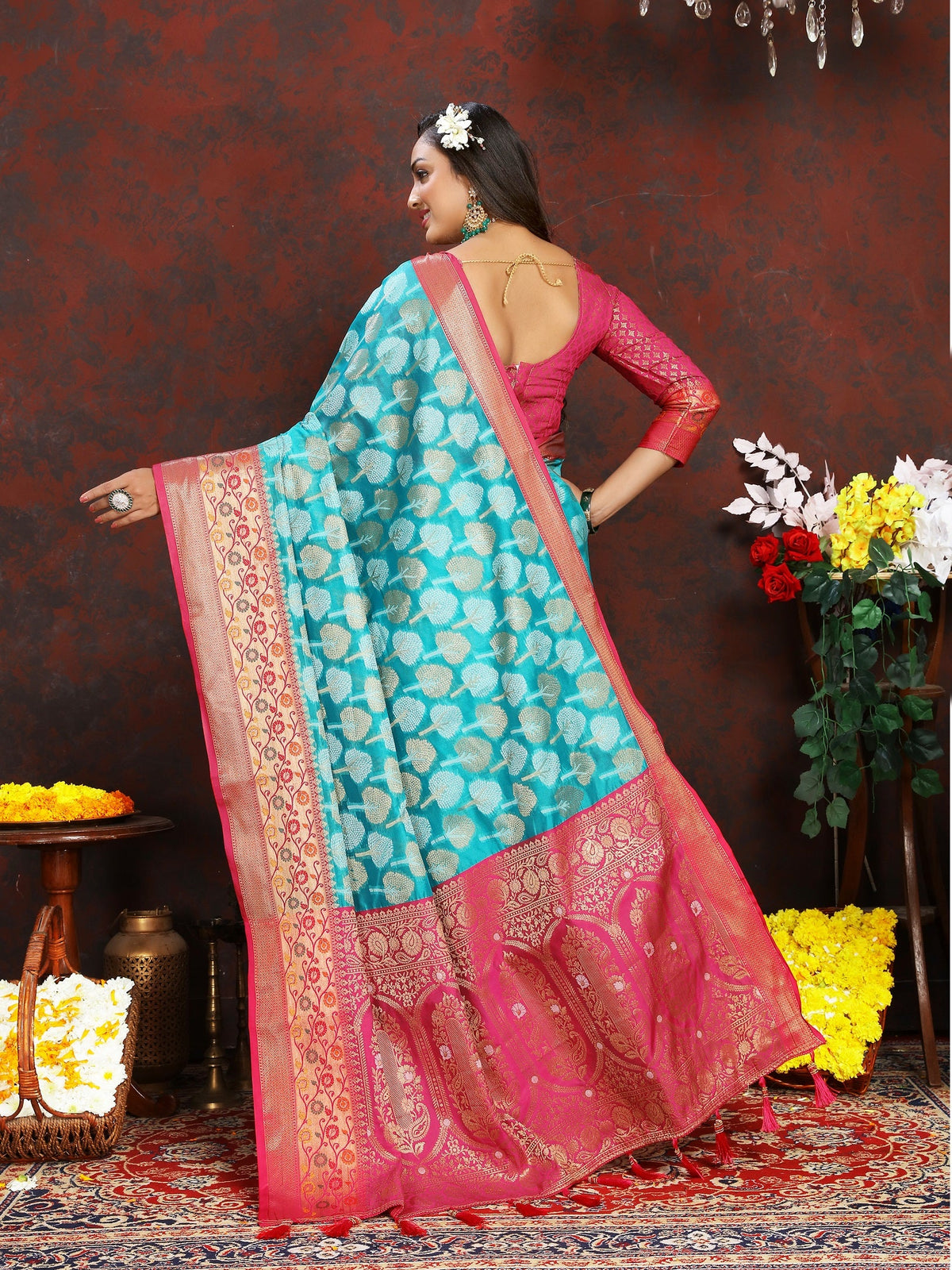 Vedant Vastram Turquoise Color Kanjeevaram Organza Silk Saree - Turquoise | Grocsy
