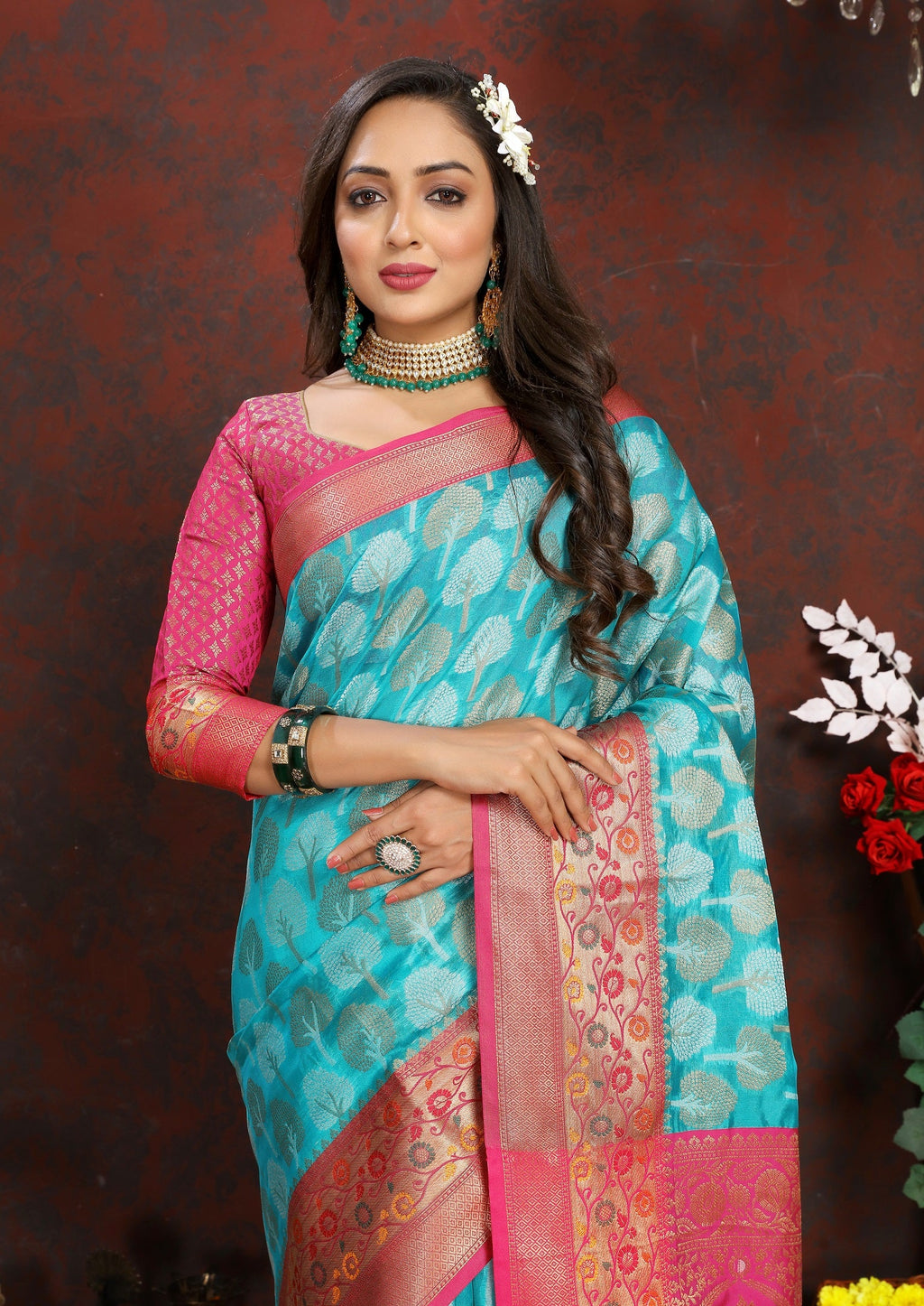 Vedant Vastram Turquoise Color Kanjeevaram Organza Silk Saree - Turquoise | Grocsy