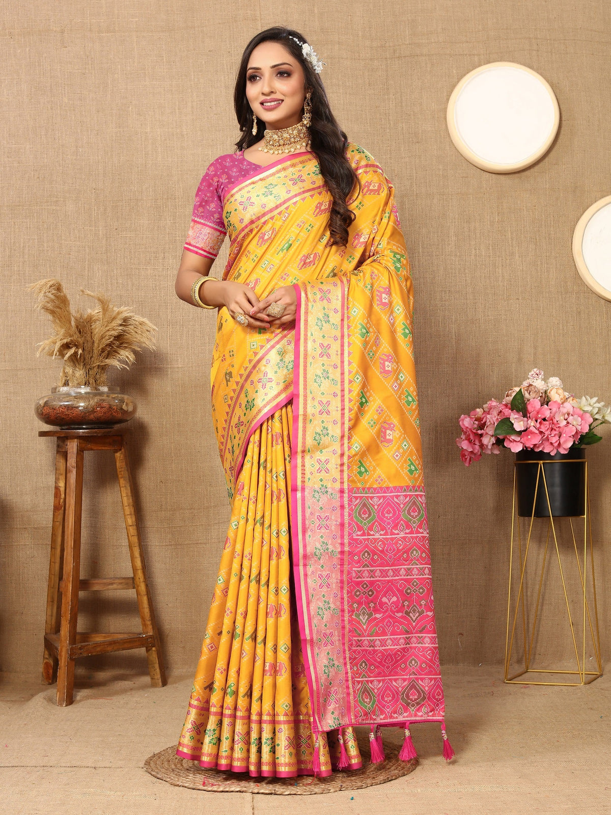 Vedant Vastram Mustard Color Kanjeevaram Patola Silk Saree - Mustard | Grocsy