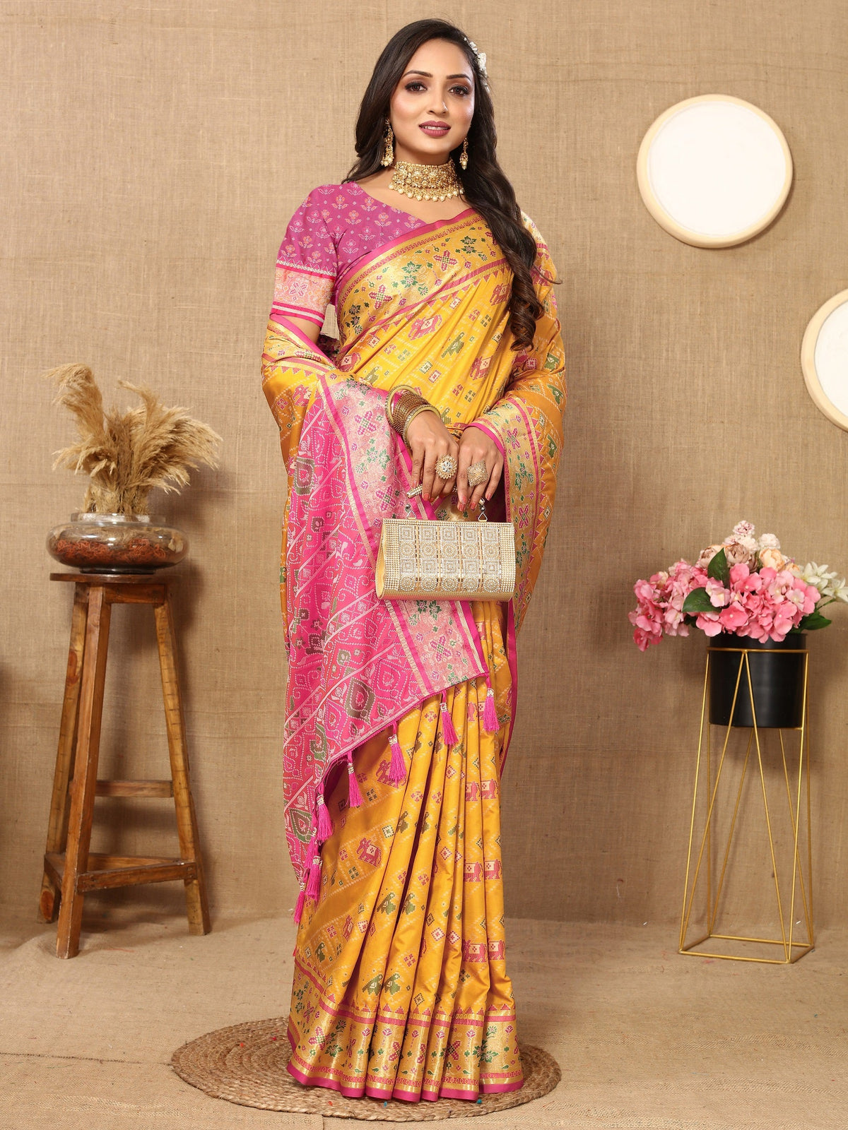 Vedant Vastram Mustard Color Kanjeevaram Patola Silk Saree - Mustard | Grocsy