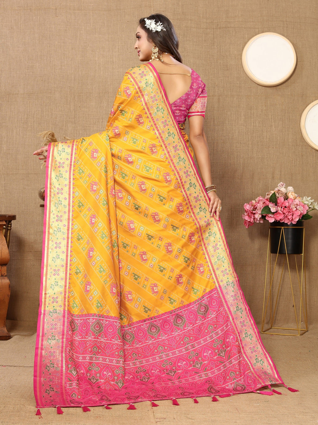 Vedant Vastram Mustard Color Kanjeevaram Patola Silk Saree - Mustard | Grocsy