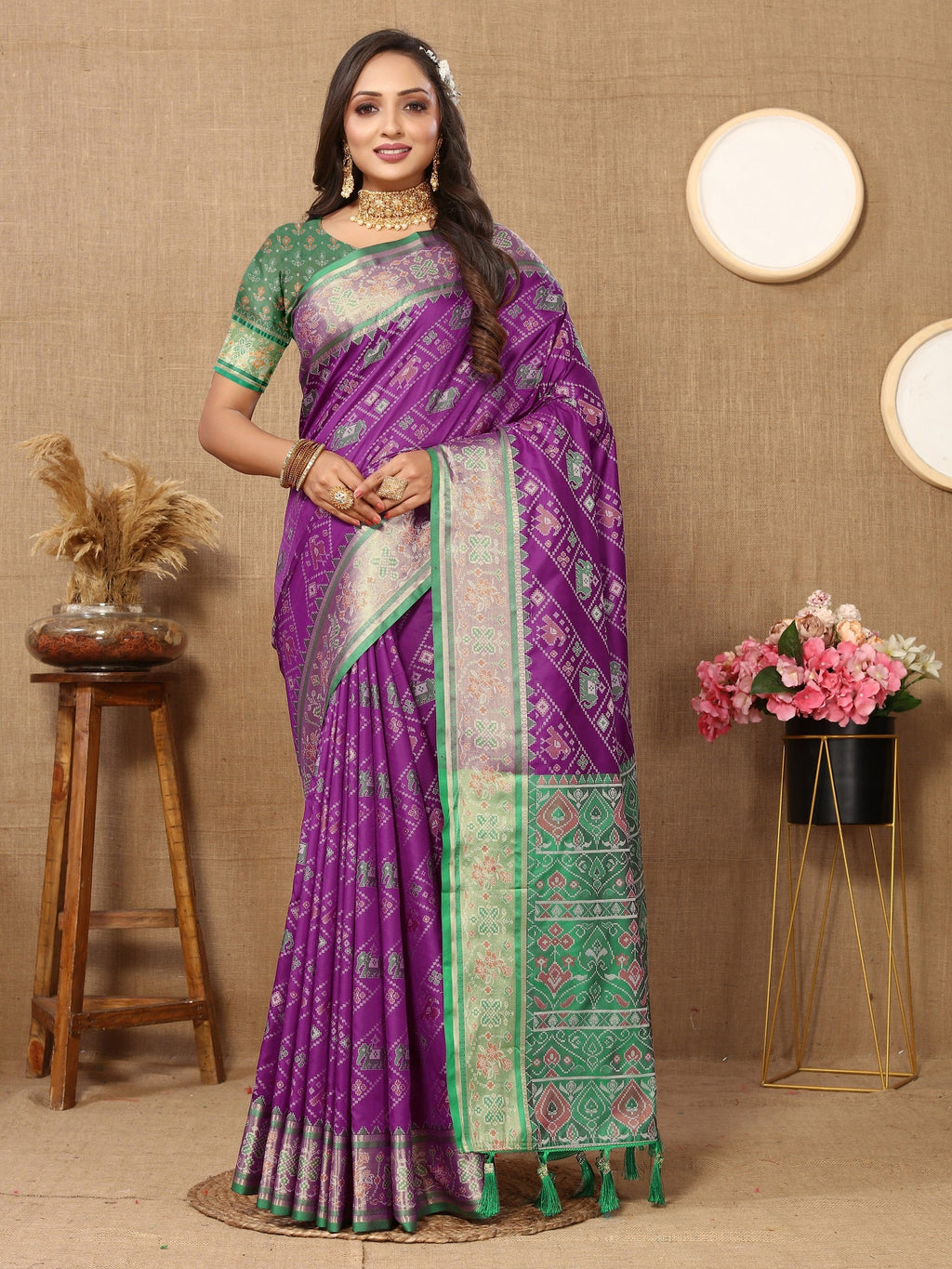 Vedant Vastram Purple Color Kanjeevaram Patola Silk Saree - Purple | Grocsy