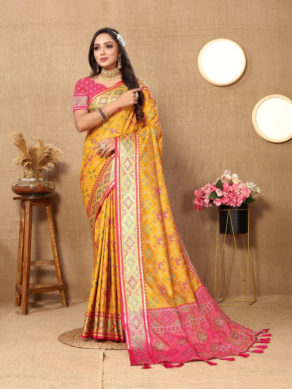 Vedant Vastram Mustard Color Kanjeevaram Patola Silk Saree - Mustard | Grocsy