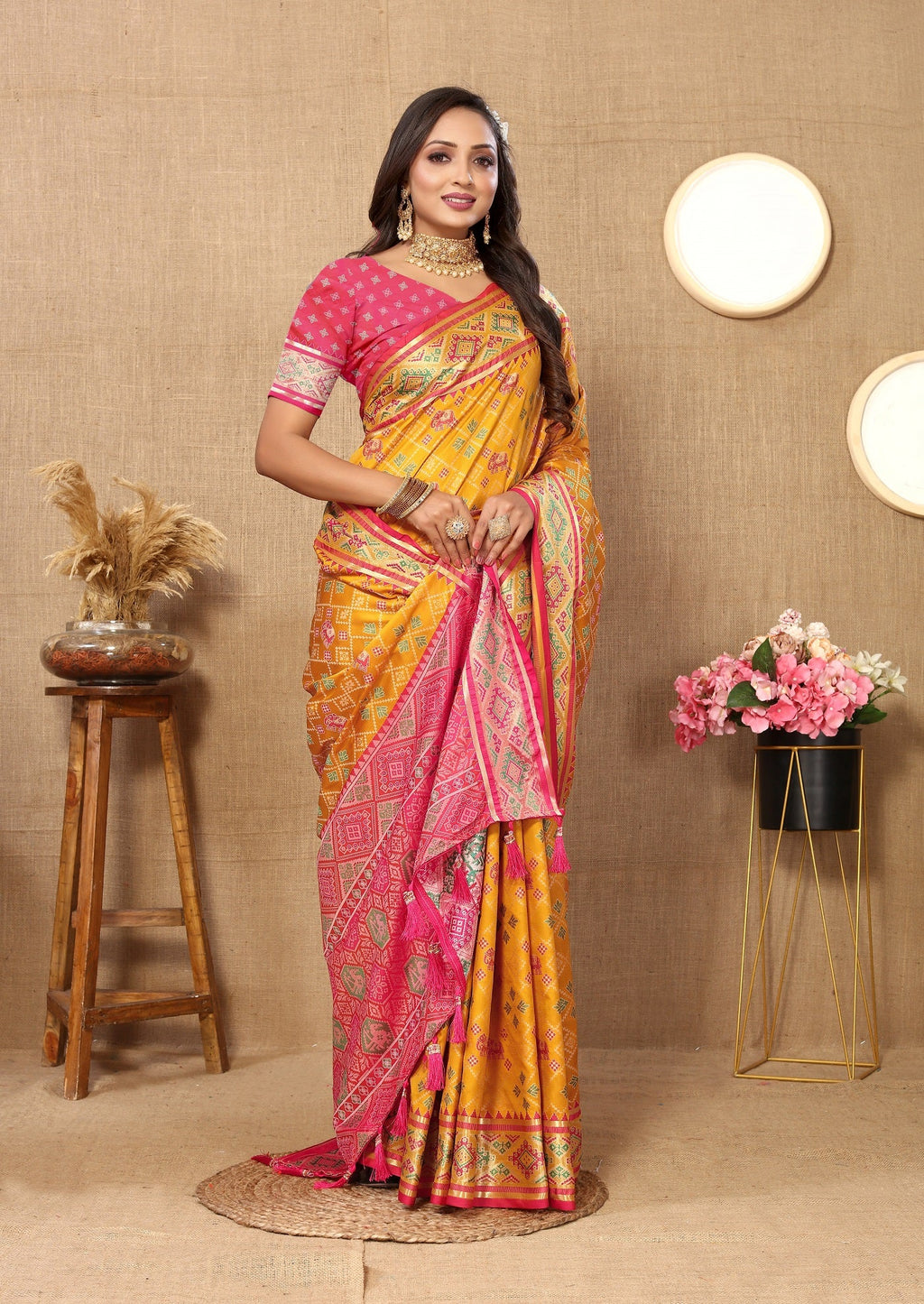 Vedant Vastram Mustard Color Kanjeevaram Patola Silk Saree - Mustard | Grocsy