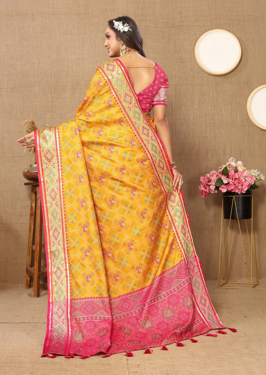 Vedant Vastram Mustard Color Kanjeevaram Patola Silk Saree - Mustard | Grocsy