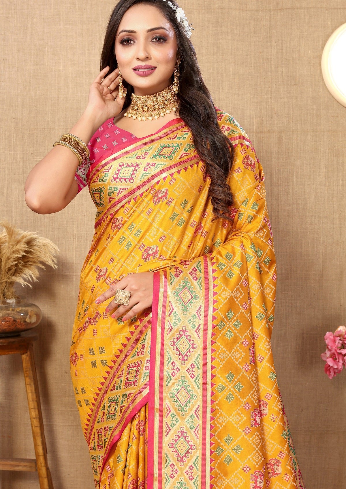 Vedant Vastram Mustard Color Kanjeevaram Patola Silk Saree - Mustard | Grocsy