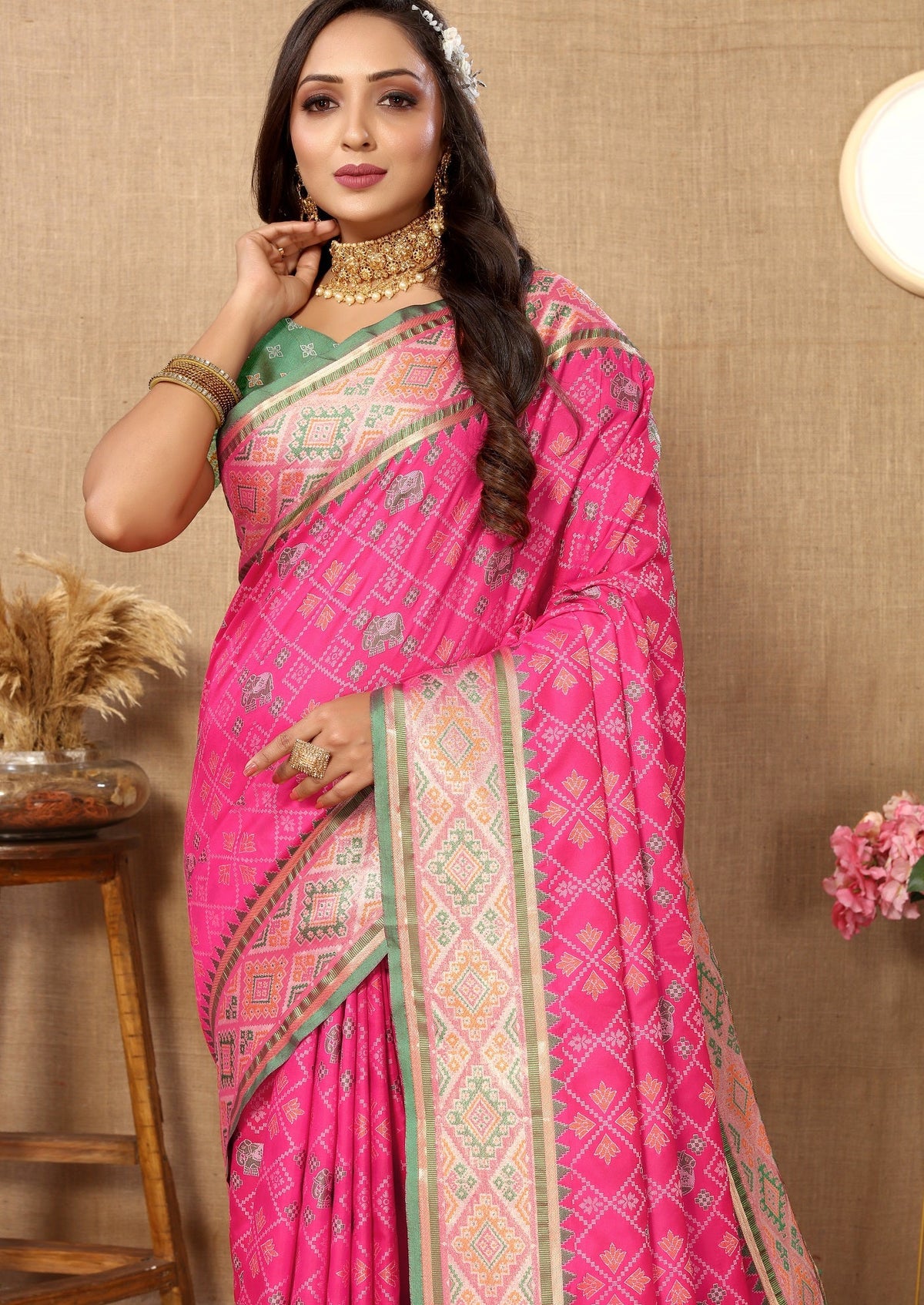 Vedant Vastram Pink Color Kanjeevaram Patola Silk Saree - Pink | Grocsy