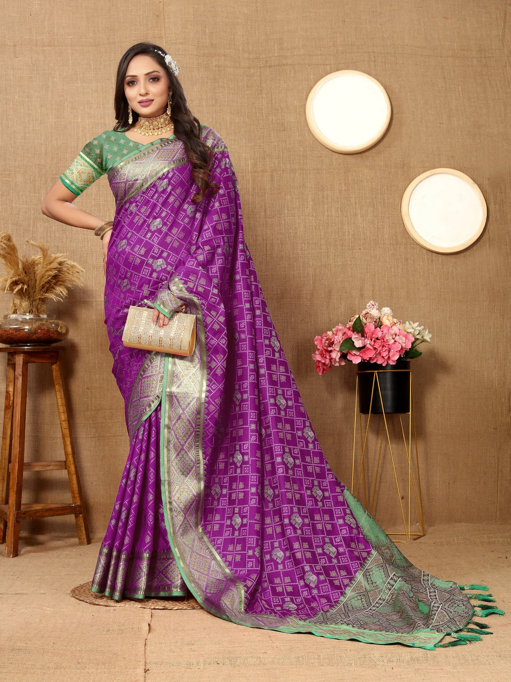 Vedant Vastram Purple Color Kanjeevaram Patola Silk Saree - Purple | Grocsy
