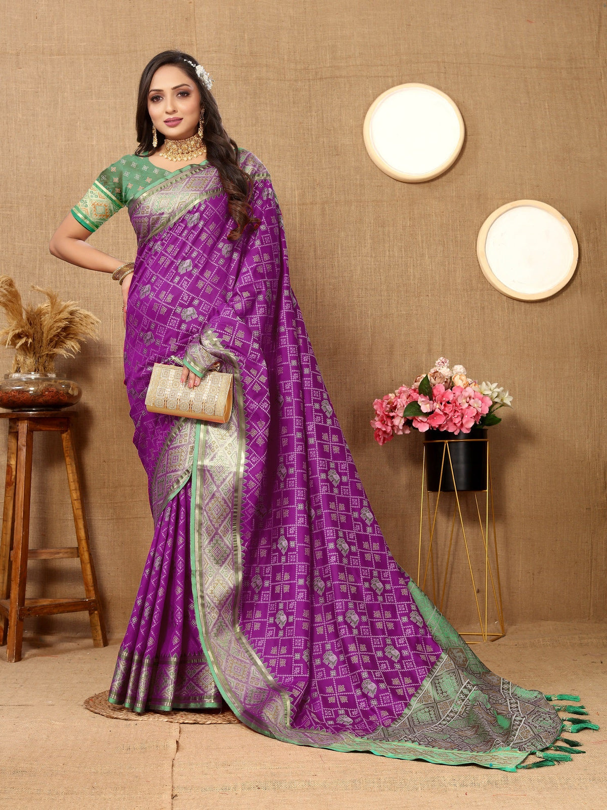 Vedant Vastram Purple Color Kanjeevaram Patola Silk Saree - Purple | Grocsy