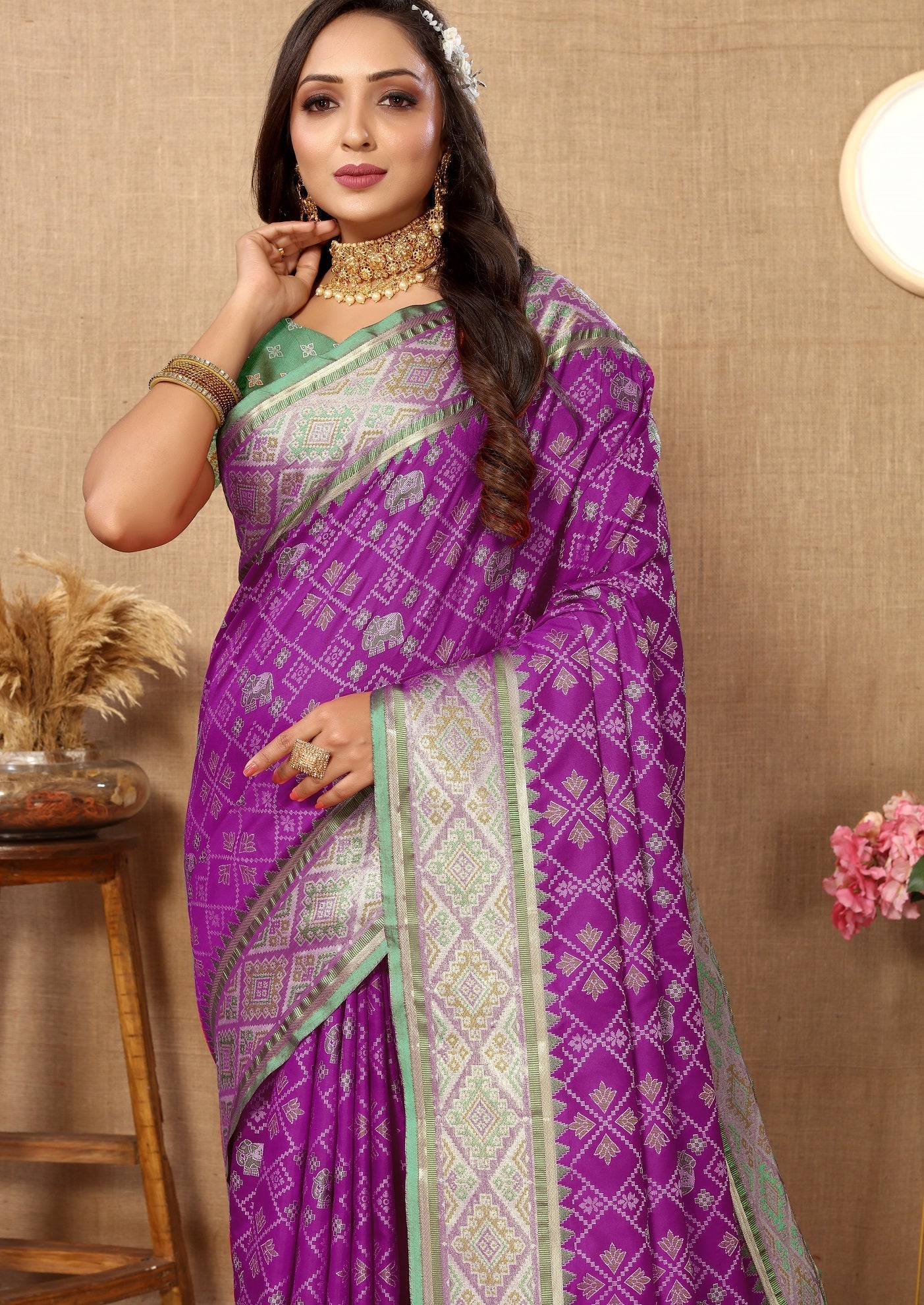 Vedant Vastram Purple Color Kanjeevaram Patola Silk Saree - Purple | Grocsy
