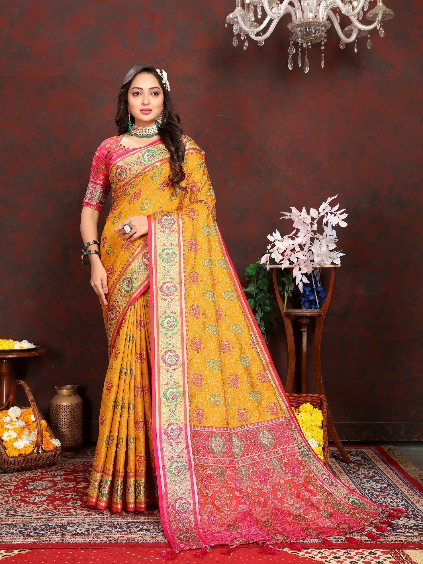 Vedant Vastram Mustard Color Kanjeevaram Patola Silk Saree - Mustard | Grocsy