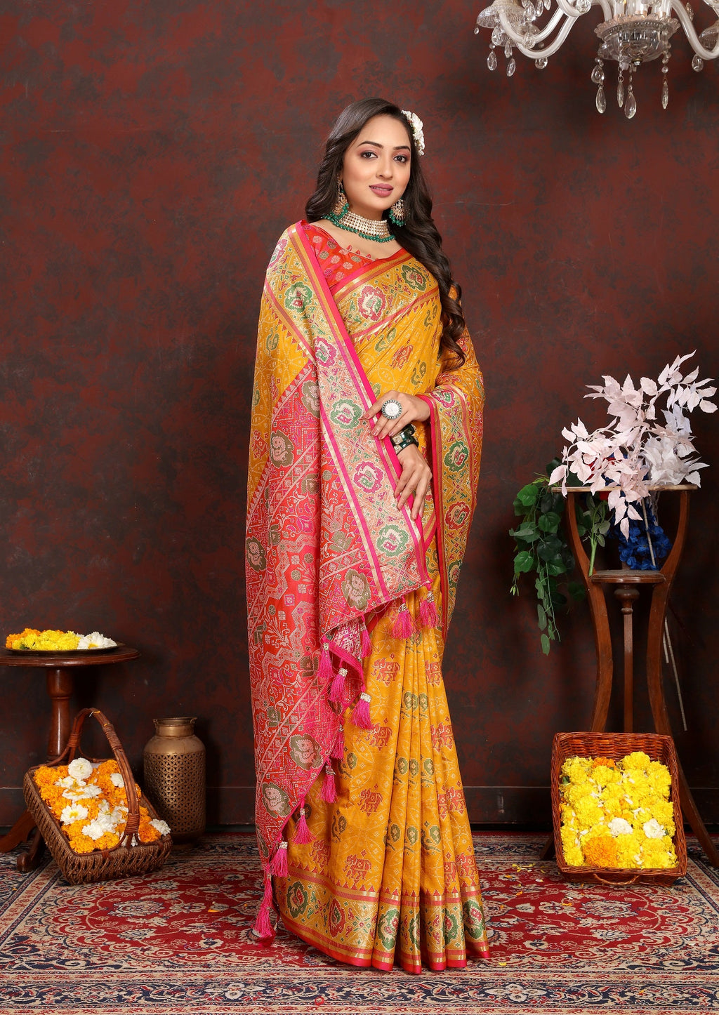 Vedant Vastram Mustard Color Kanjeevaram Patola Silk Saree - Mustard | Grocsy