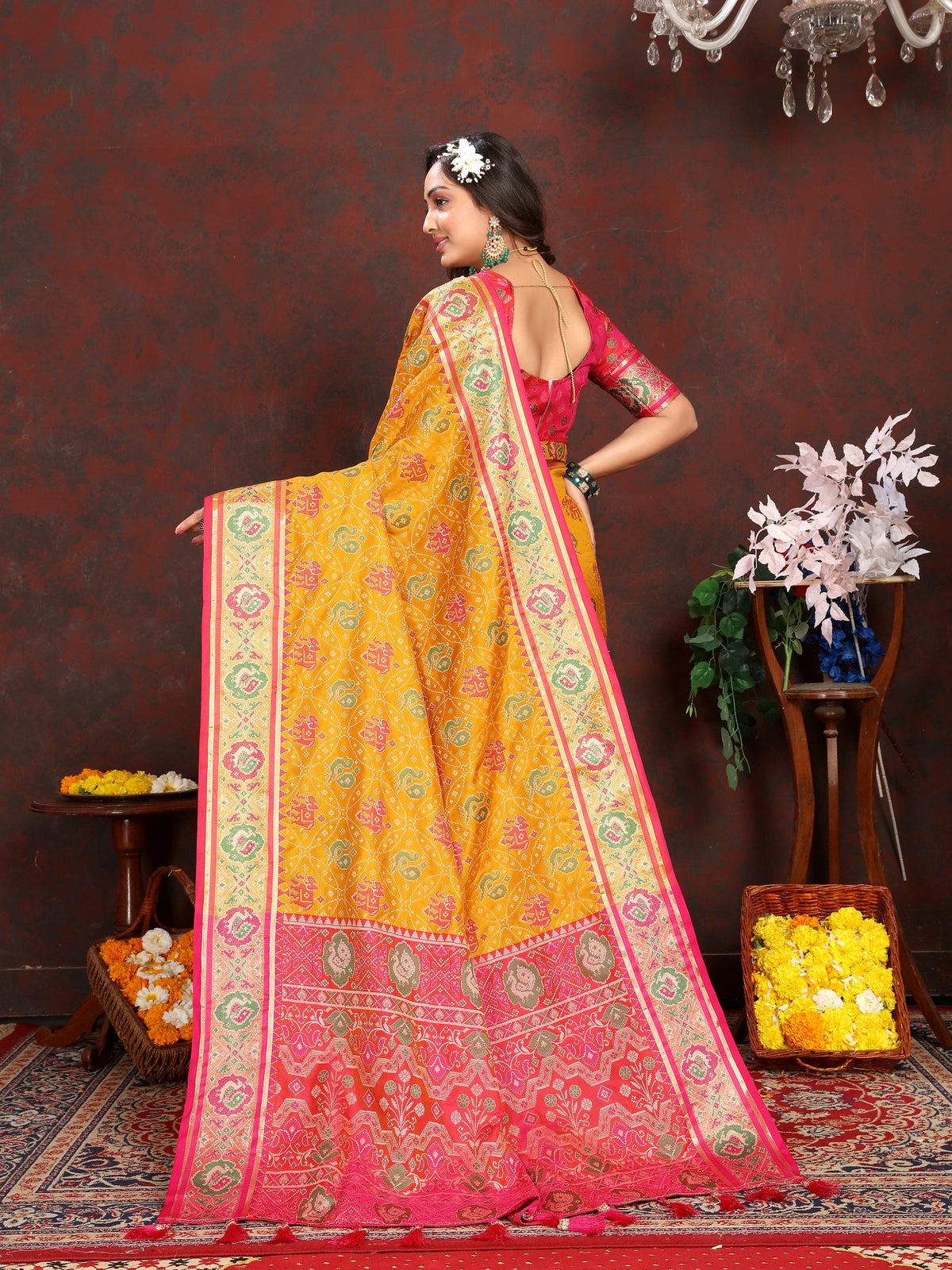 Vedant Vastram Mustard Color Kanjeevaram Patola Silk Saree - Mustard | Grocsy