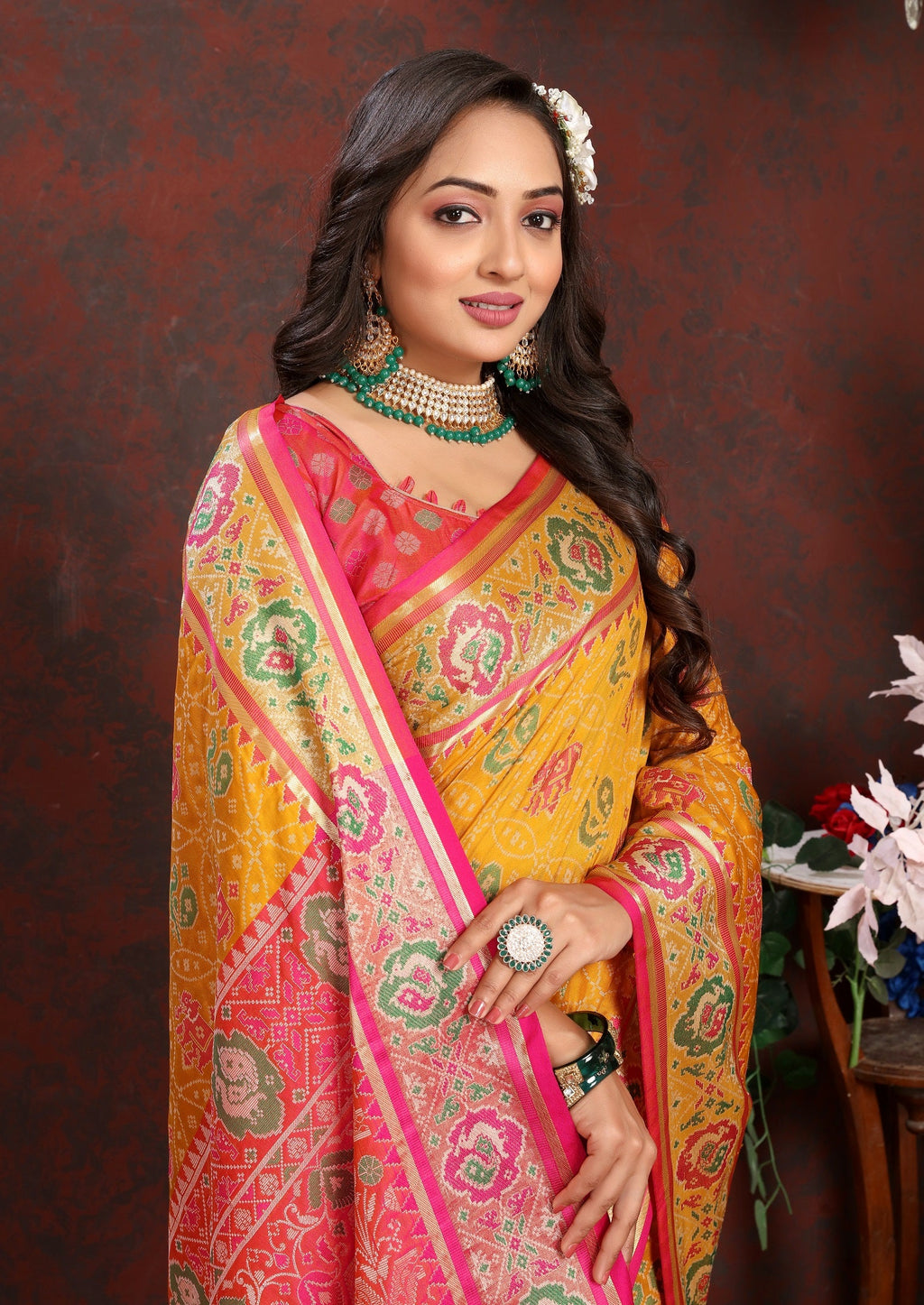 Vedant Vastram Mustard Color Kanjeevaram Patola Silk Saree - Mustard | Grocsy