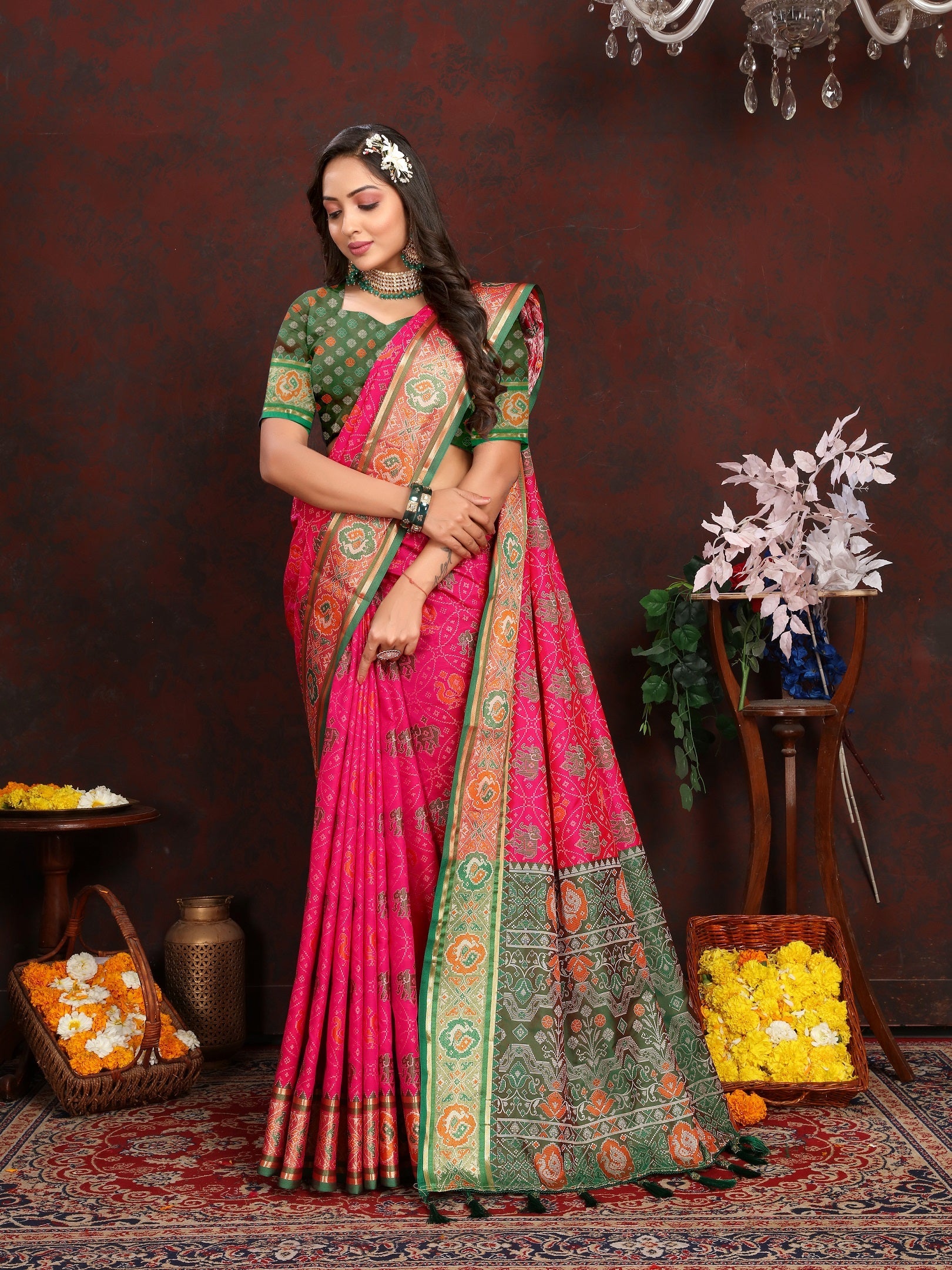 Vedant Vastram Pink Color Kanjeevaram Patola Silk Saree - Pink | Grocsy
