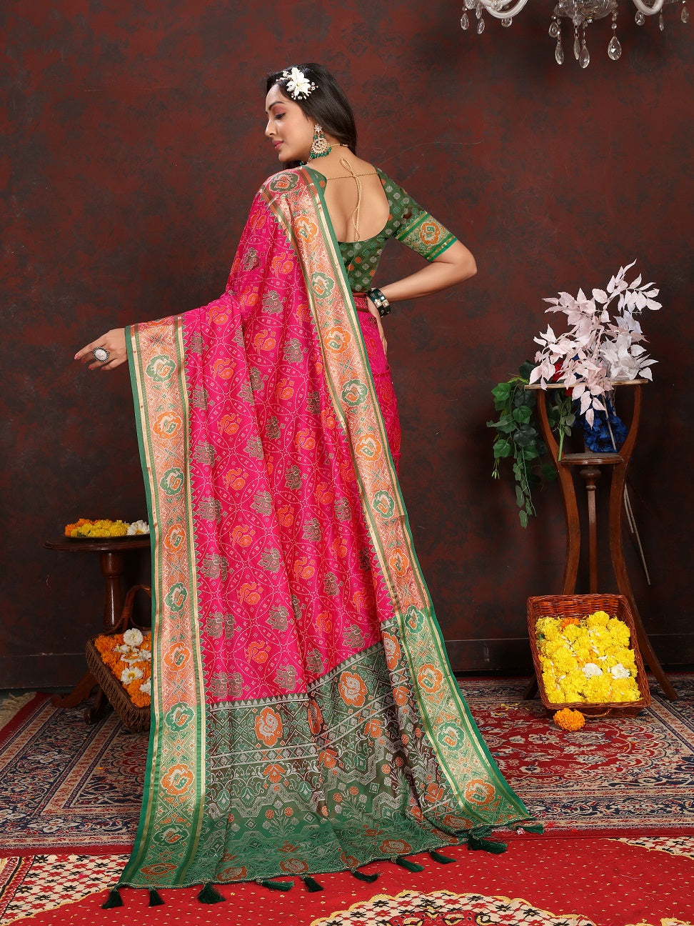 Vedant Vastram Pink Color Kanjeevaram Patola Silk Saree - Pink | Grocsy