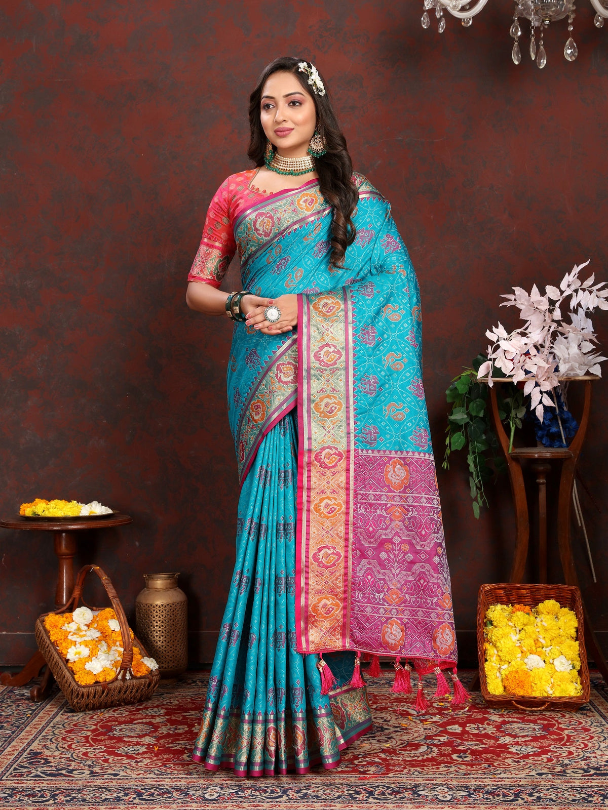 Vedant Vastram Rama Color Kanjeevaram Patola Silk Saree - Rama | Grocsy