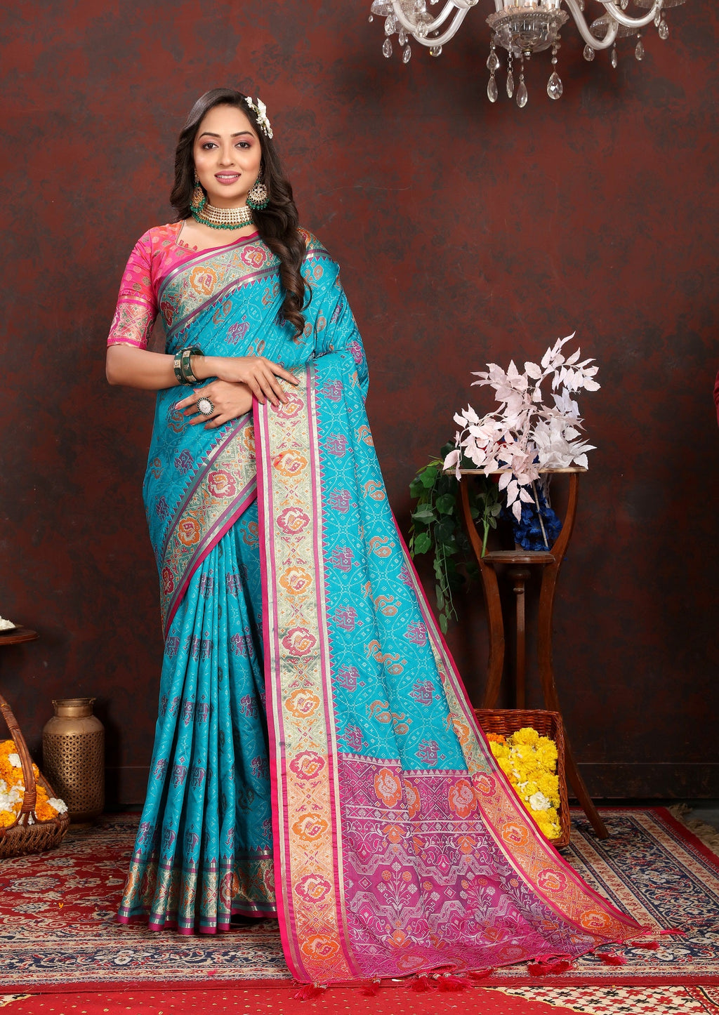Vedant Vastram Rama Color Kanjeevaram Patola Silk Saree - Rama | Grocsy
