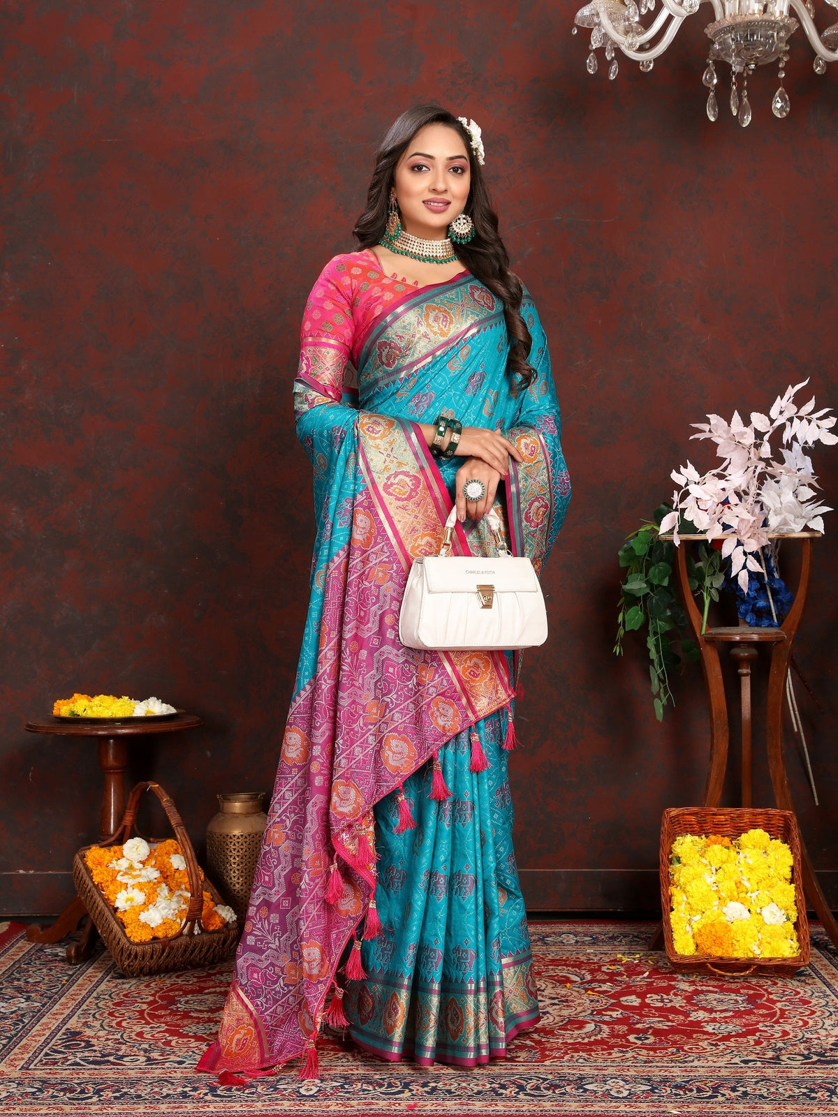 Vedant Vastram Rama Color Kanjeevaram Patola Silk Saree - Rama | Grocsy