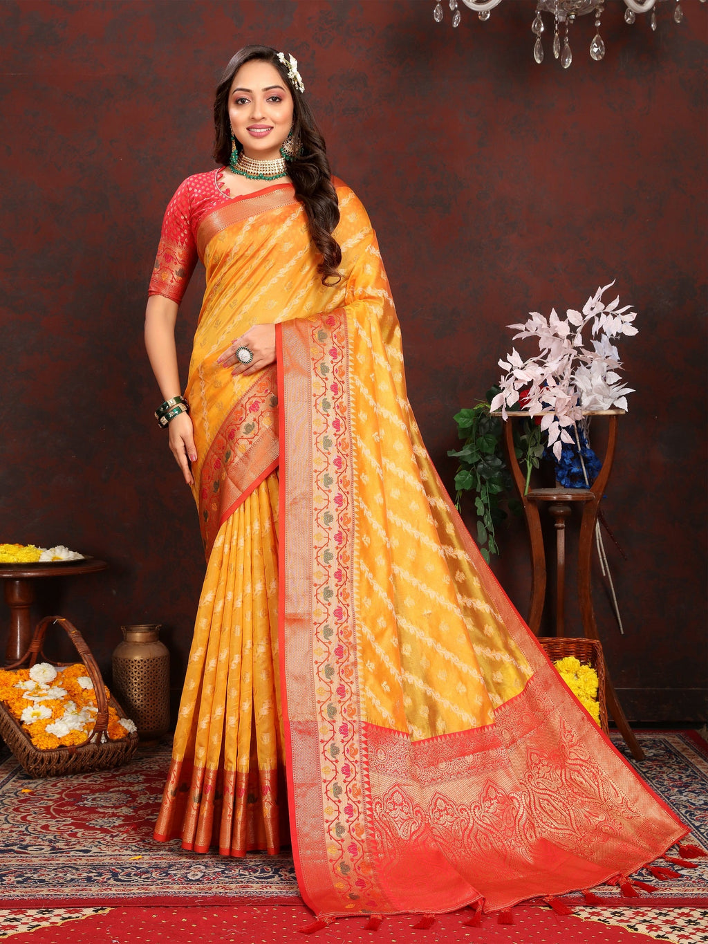 Vedant Vastram Mustard Color Kanjeevaram Organza Silk Saree - Mustard | Grocsy