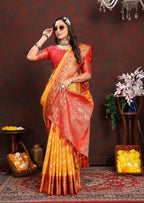 Vedant Vastram Mustard Color Kanjeevaram Organza Silk Saree - Mustard | Grocsy