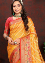 Vedant Vastram Mustard Color Kanjeevaram Organza Silk Saree - Mustard | Grocsy