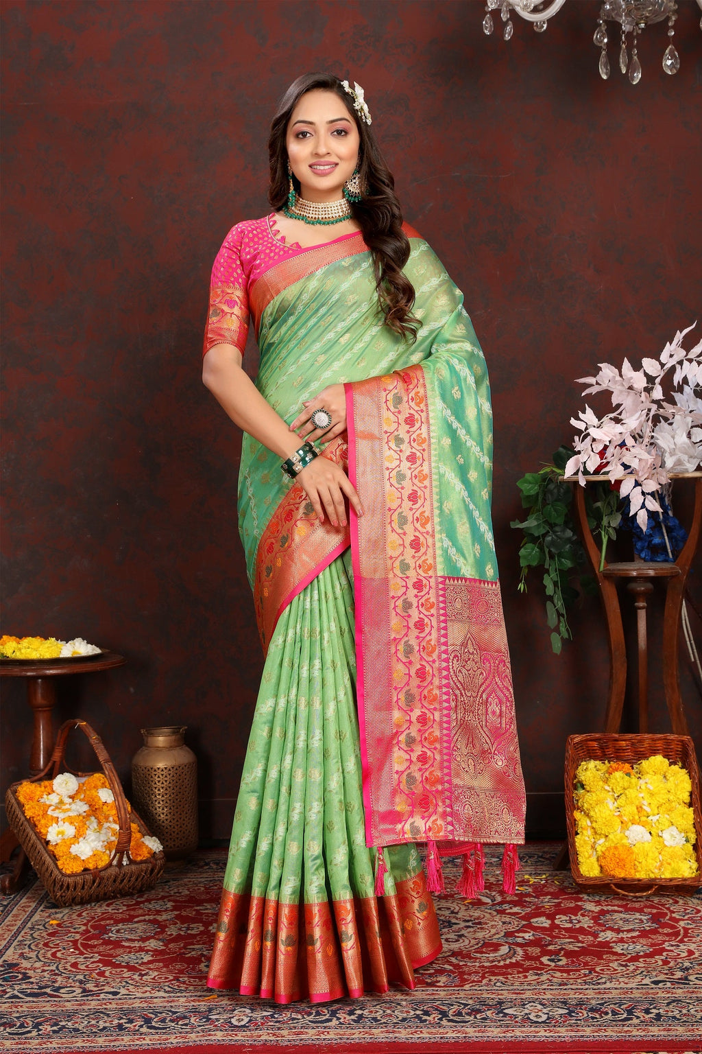 Vedant Vastram Parrot Color Kanjeevaram Organza Silk Saree - Parrot | Grocsy