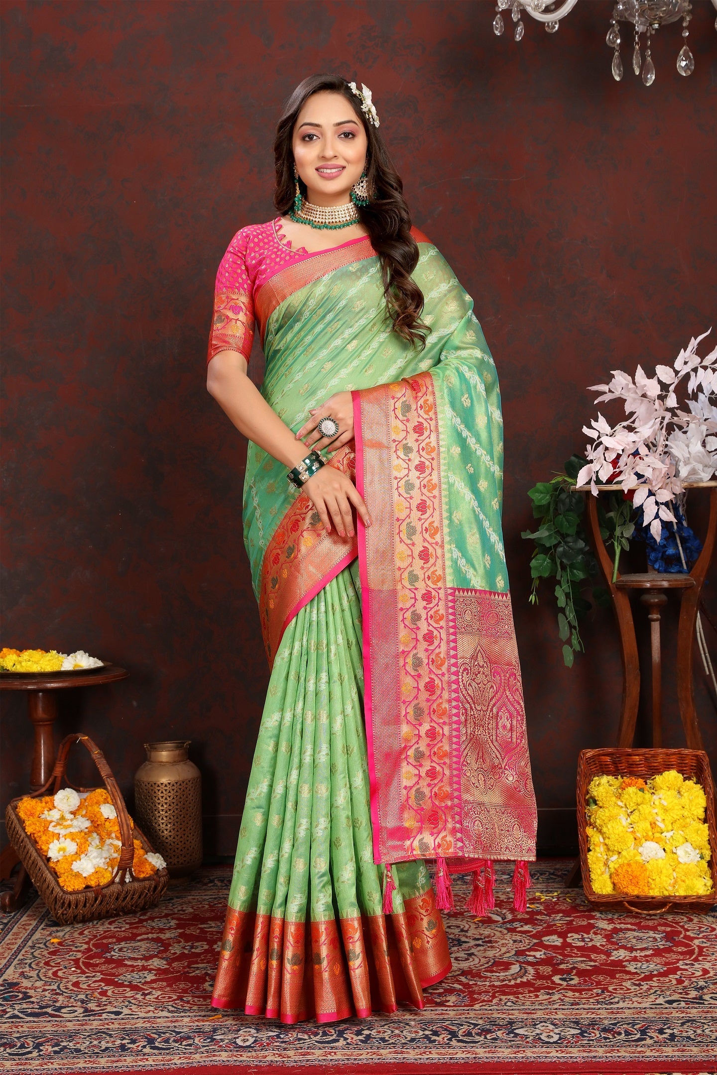 Vedant Vastram Parrot Color Kanjeevaram Organza Silk Saree - Parrot | Grocsy